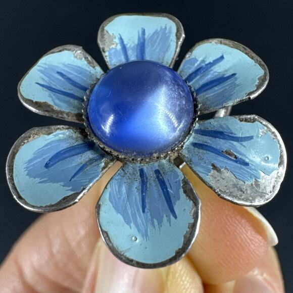 Vintage Blue Enamel Flower Sterling Silver Screw back Earrings - Picture 7 of 13